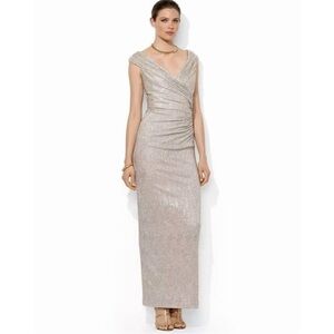 Lauren Ralph Lauren Evening Gown Metallic Champagne Gold Crinkle Size 4 Textured